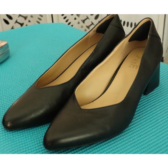 Naturalizer Black Leather Pumps Mid Heel Low Block Pointed Toe 7W Wide Work - Picture 3 of 7